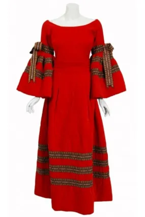 1970 Adolfo Couture Red Embroidered Velvet Bell-Sleeve Blouse & Maxi Skirt Set