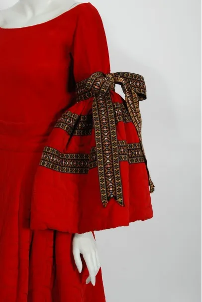 1970 Adolfo Couture Red Embroidered Velvet Bell-Sleeve Blouse & Maxi Skirt Set