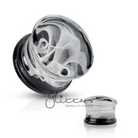 Black back with White Swirling Smoke Pyrex Glass Double Flare Plug Tunnel