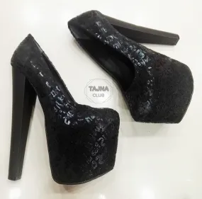 Black Suede Gilt Printed 20 cm High Heel Platform Shoes