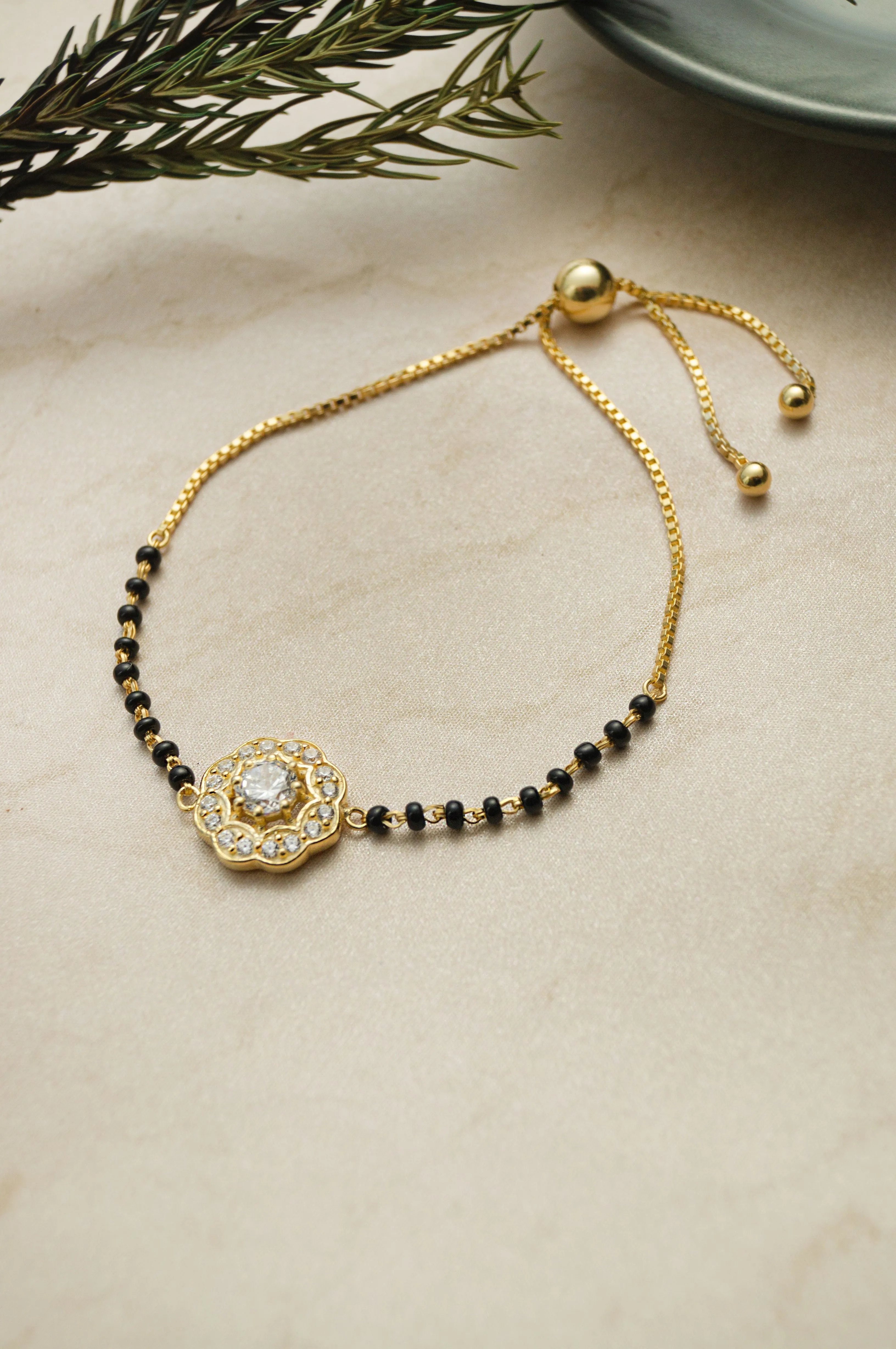 Bling With A Solitaire  Gold Plated Sterling Silver Adjustable Mangalsutra Bracelet