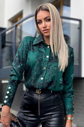 Camicia elegante verde scuro a fantasia floreale nera con bottoni dorati