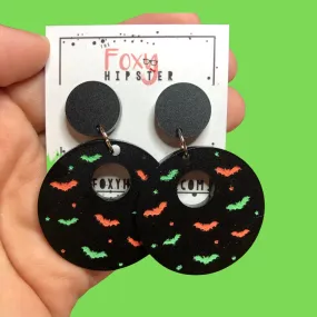 Circle Bat Silhouette Dangle Earrings Bright Orange and Green