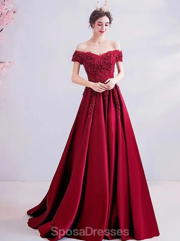 Dark Red Off Shoulder Lace Beaded Evening Prom Dresses, Evening Party Prom Dresses, 12206