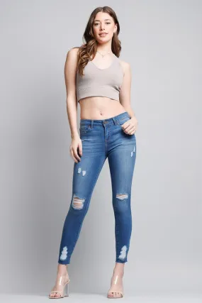 Distressed Mid Rise Skinny Jeans with Chewed Hems