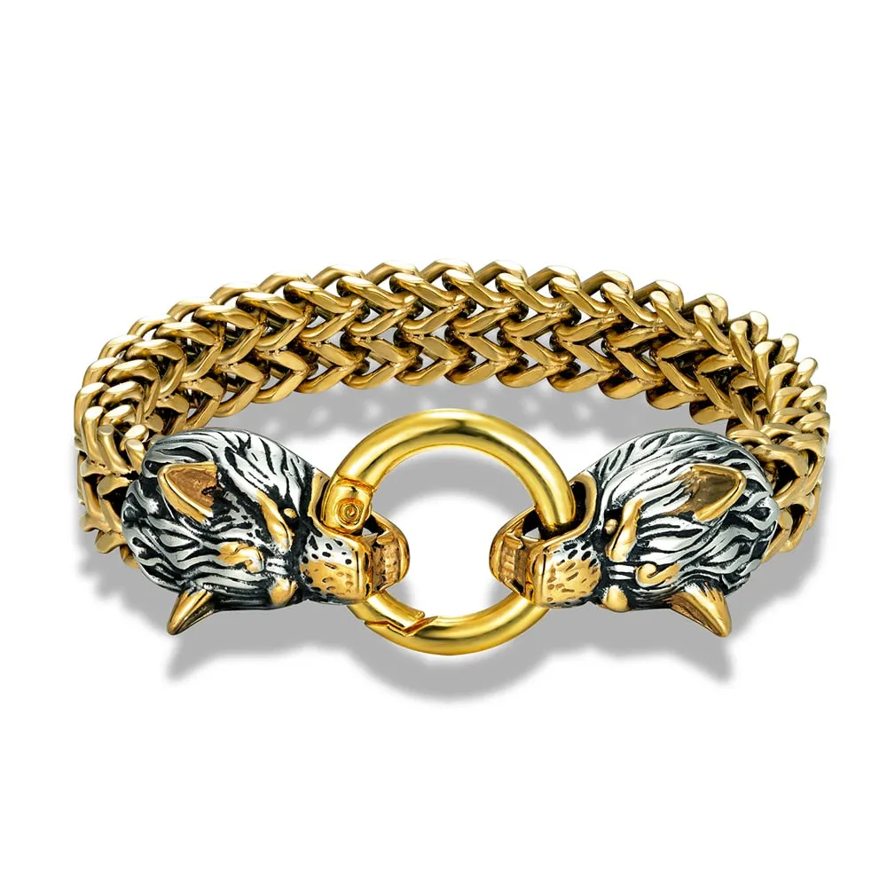 Double Wolves Gold-Black Stainless Steel Mesh Link Bracelet