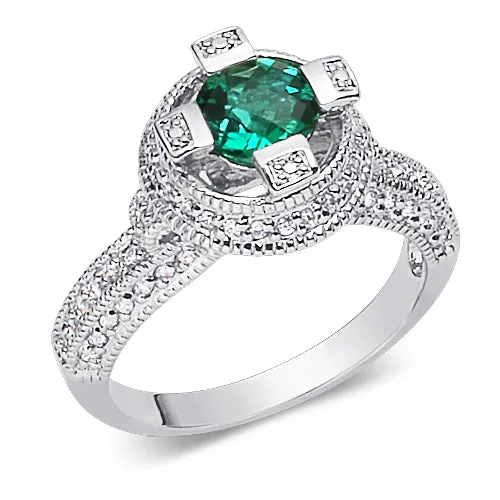 Emerald Ring Sterling Silver Round Shape 1.25 Carats Size 8