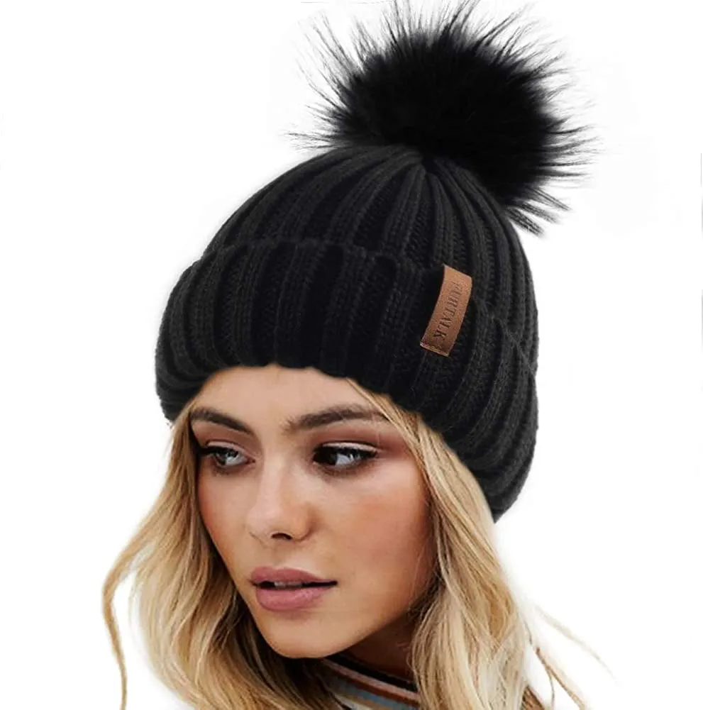 FURTALK Womens Winter Knitted Beanie Hat with Faux Fur Pom Warm Knit Skull Cap Beanie for Women