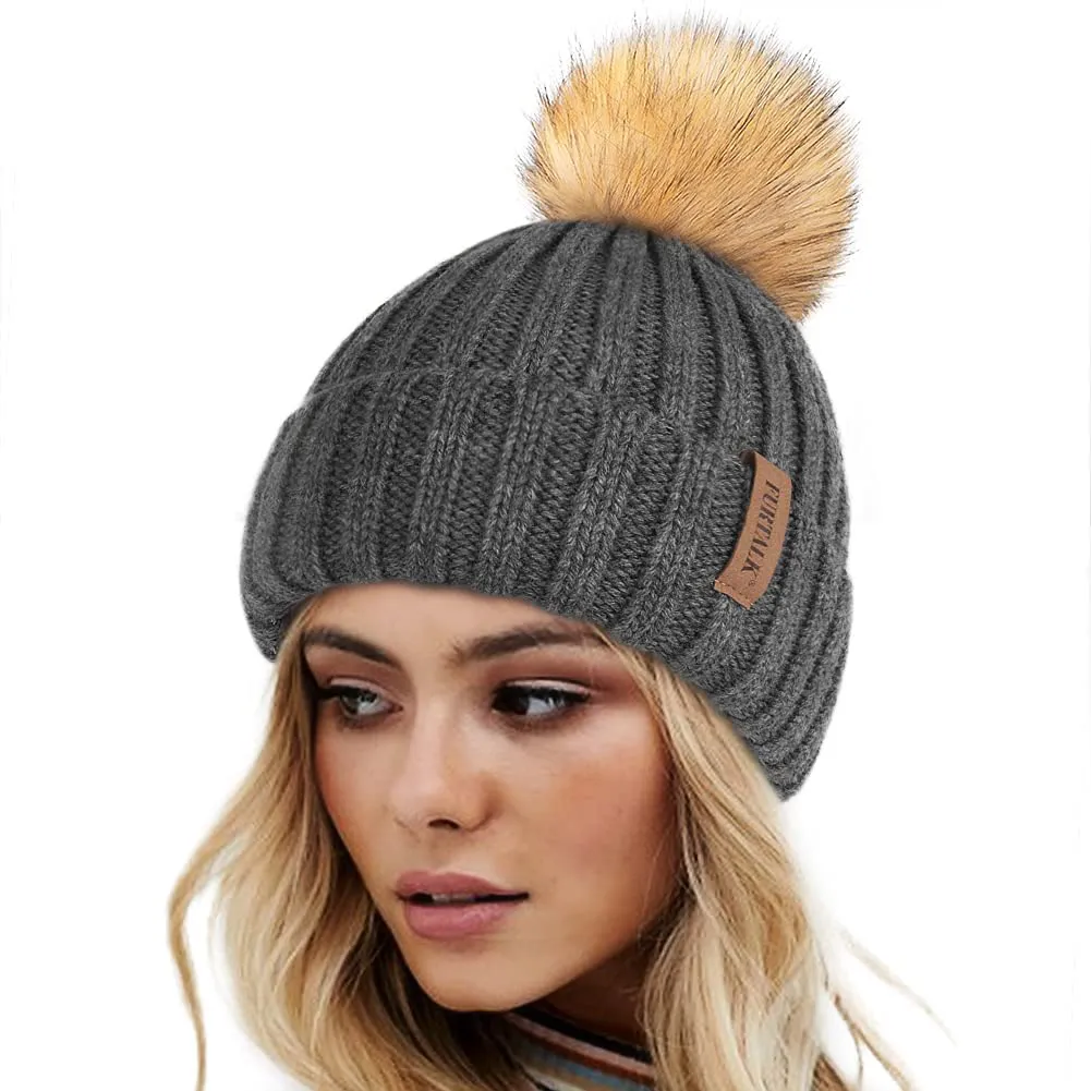 FURTALK Womens Winter Knitted Beanie Hat with Faux Fur Pom Warm Knit Skull Cap Beanie for Women