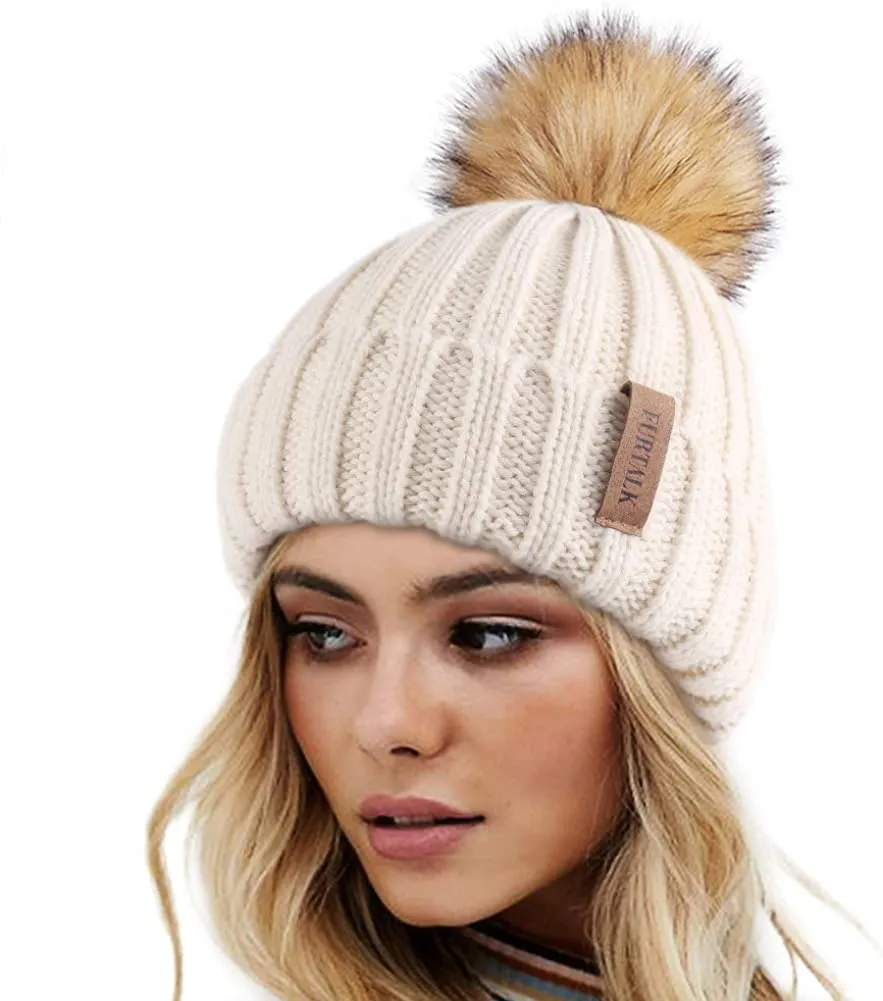 FURTALK Womens Winter Knitted Beanie Hat with Faux Fur Pom Warm Knit Skull Cap Beanie for Women