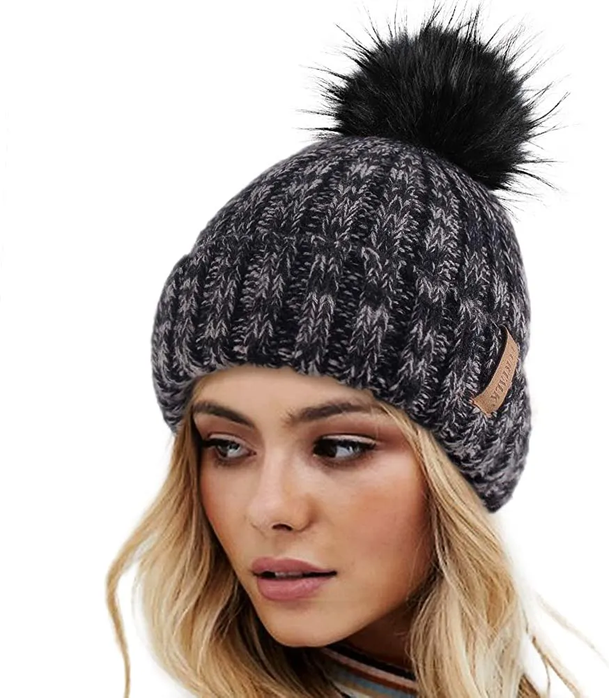 FURTALK Womens Winter Knitted Beanie Hat with Faux Fur Pom Warm Knit Skull Cap Beanie for Women