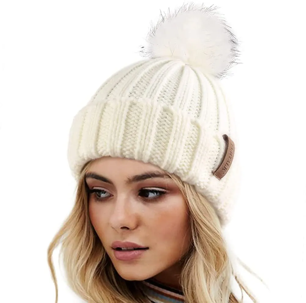 FURTALK Womens Winter Knitted Beanie Hat with Faux Fur Pom Warm Knit Skull Cap Beanie for Women