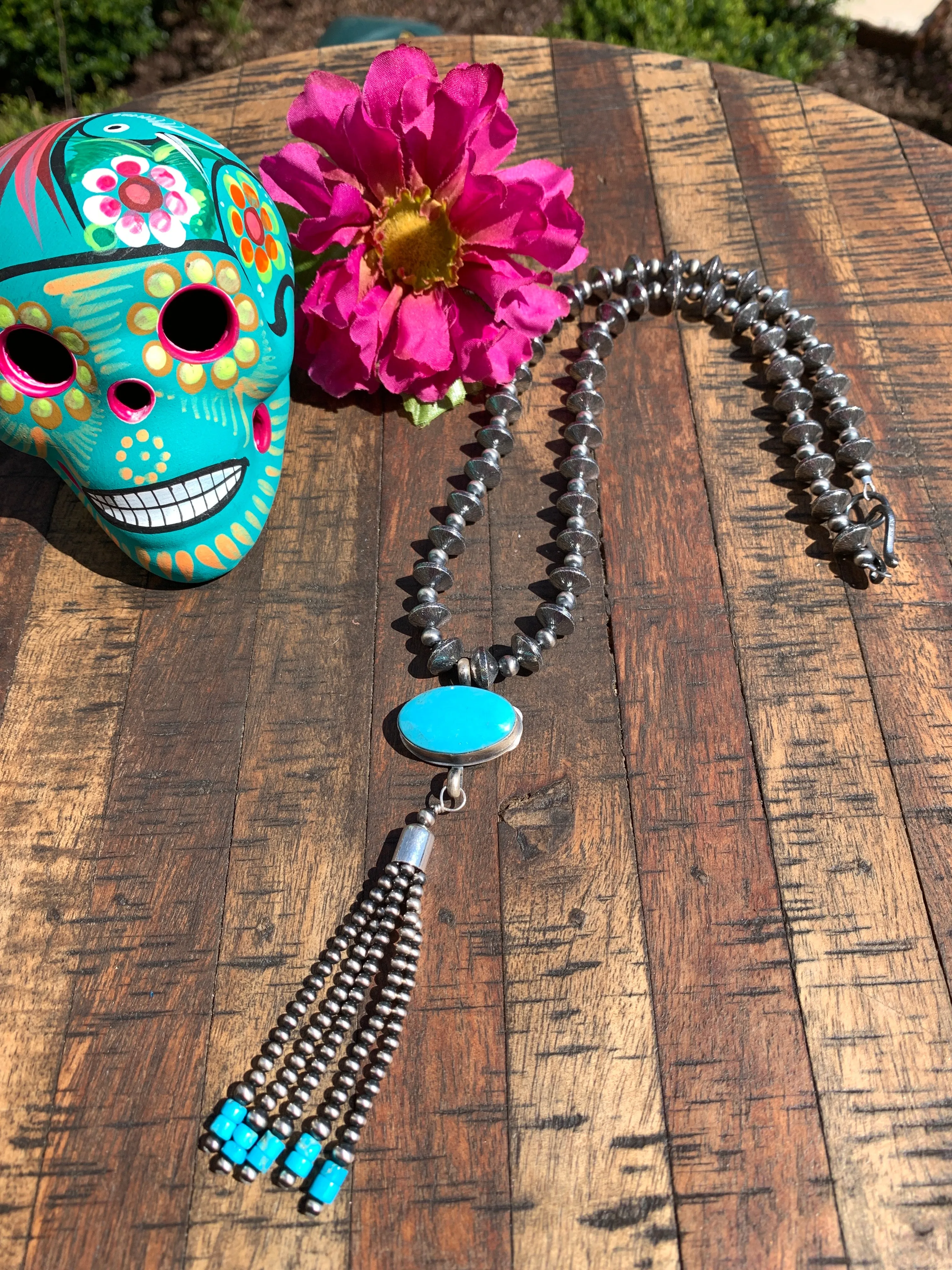 Kingman Disc Pearl Tassel Necklace