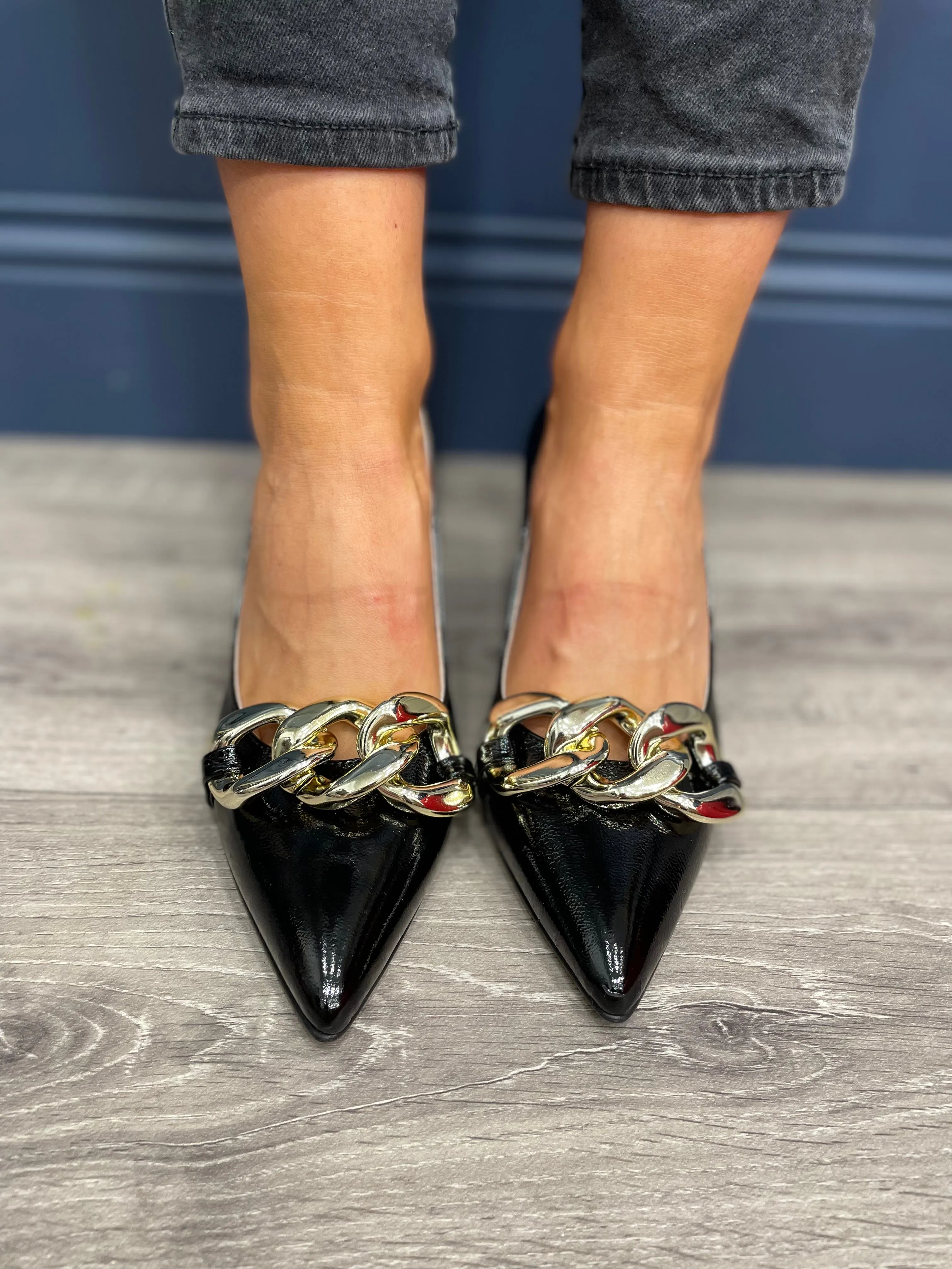 Marco Moreo Black Patent Heel with Gold Chain Detail