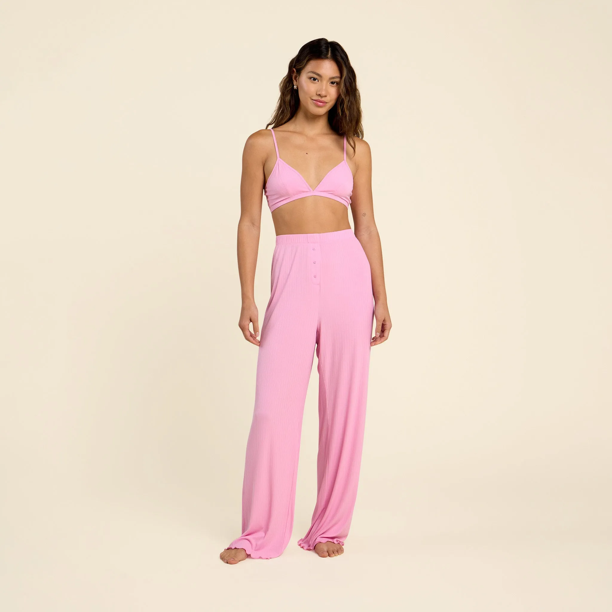 Mini Rib Wide Leg Pant | Bubblegum Pink