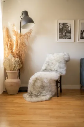 Sheepskin rug, throw, furskin, sheep hide cream and grey wolf tip