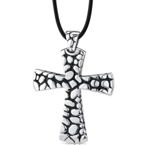 Stainless Steel Cobblestone Style Cross with Black Enamel Pendant on a Rubber Cord