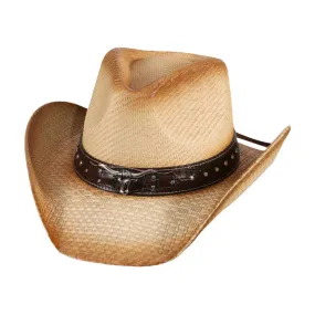 Steer Head Pointed Faux Leather Band Straw Cowboy Hat