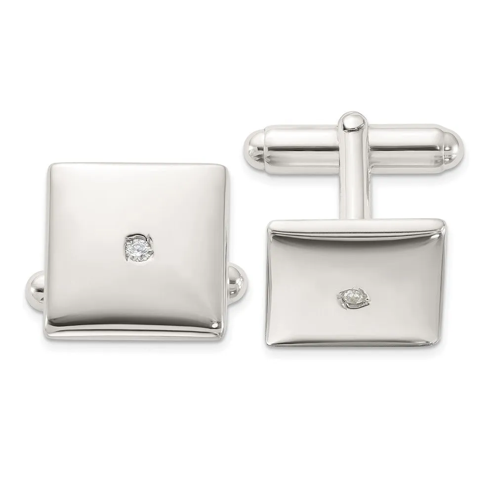 Sterling Silver Rhodium-plated Polished with CZ Square Cuff Links