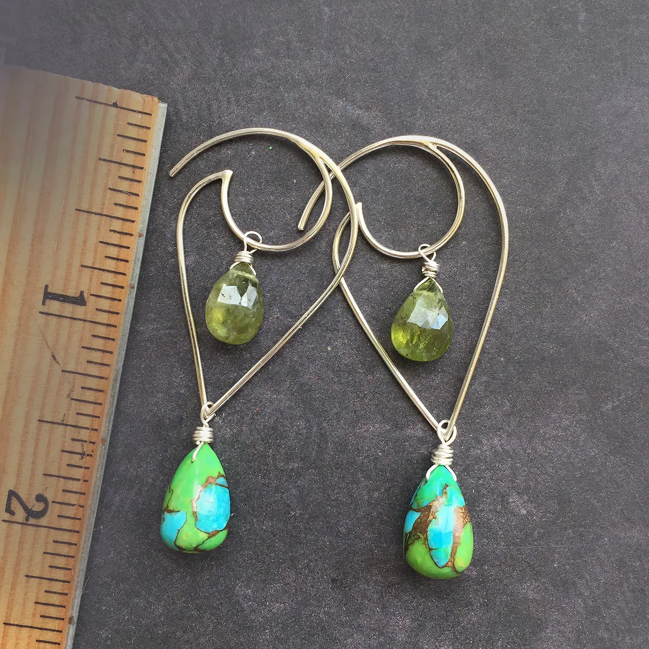 Two week back order- Moon and Wave GREEN Turquoise and Vessonite Garnet earrings