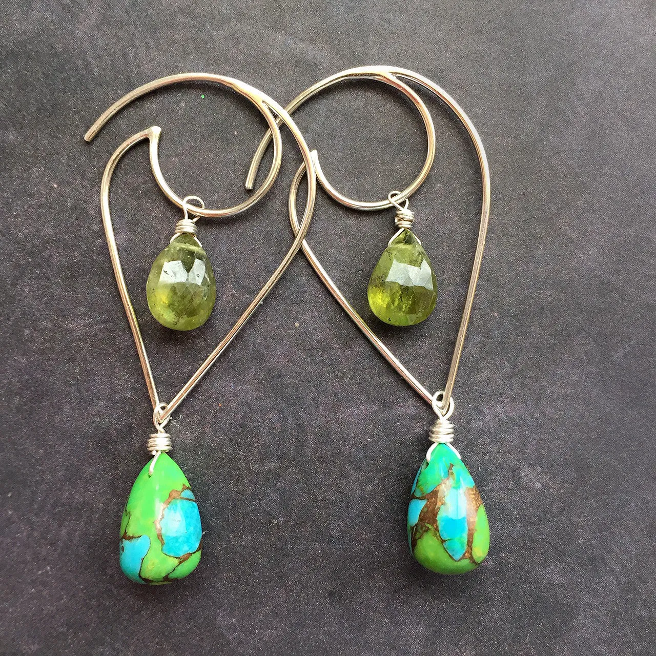 Two week back order- Moon and Wave GREEN Turquoise and Vessonite Garnet earrings